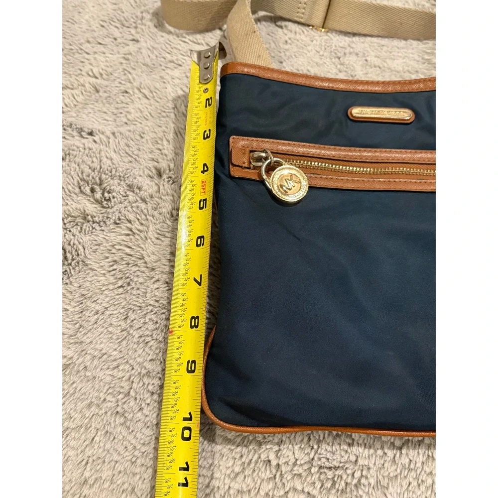 Michael Kors Navy Blue‎ Nylon Crossbody Bag Tan Leather Trim Gold Tone Hardware